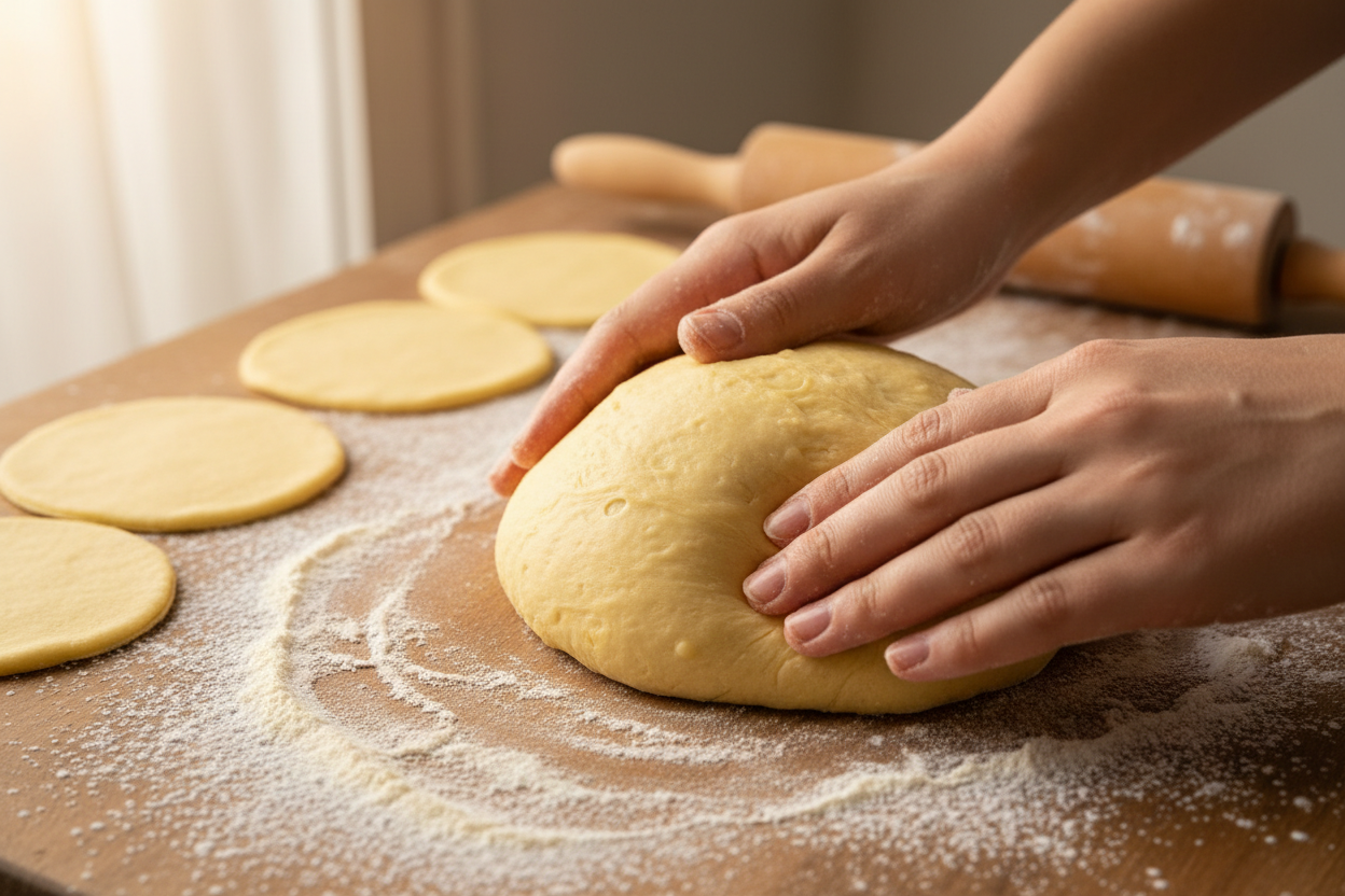 A close-up, appetizing photograph that showcases the dough-making process or the beautiful texture of freshly prepared empanada dough.
