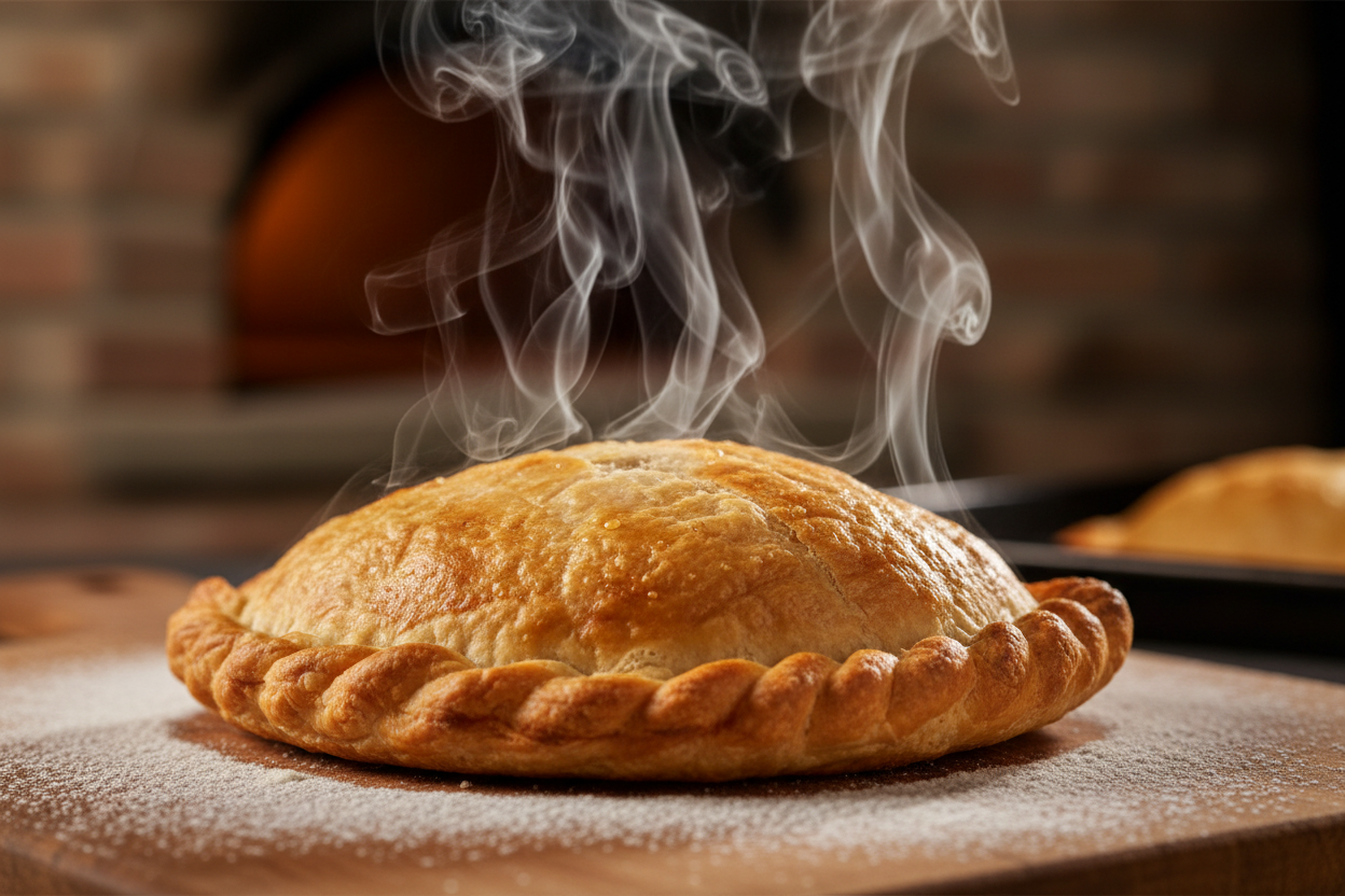 Image of a steaming hot empanada fresh from the oven