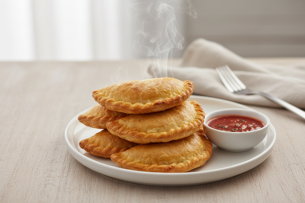 Image of perfectly reheated empanadas on a plate with dipping sauce