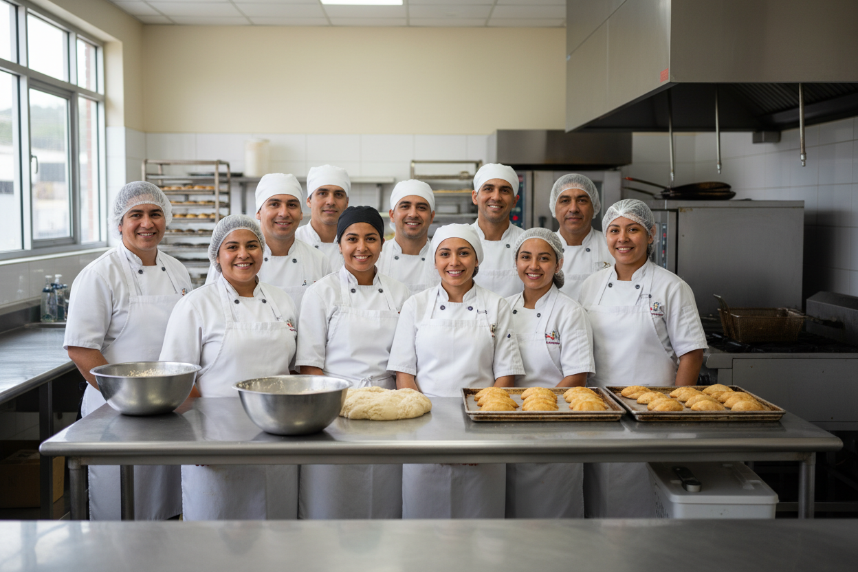 Professional photograph of the founder/team in the kitchen or a welcoming team photo